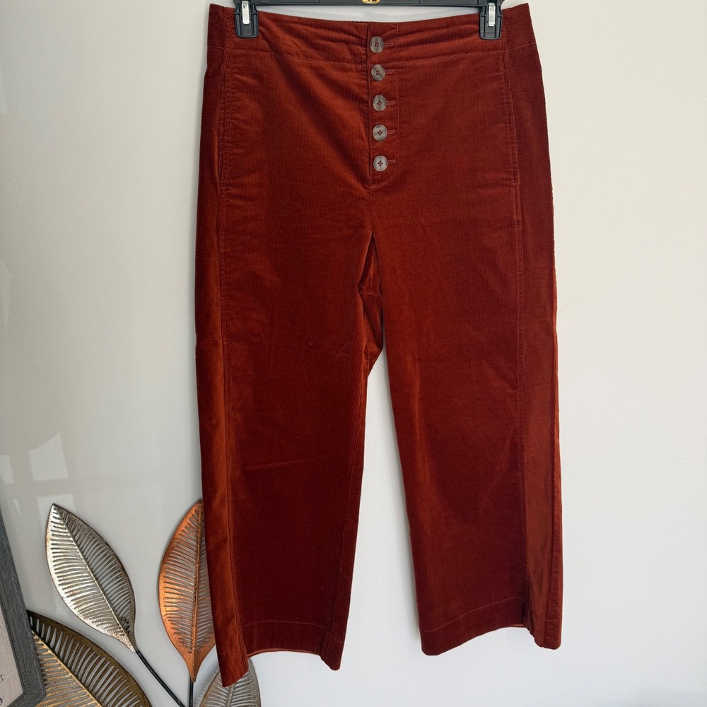 M9 Anthro Pilcro High Rise Wide Leg Corduroy Pants Rust Orange Button Fly 10 - Picture 2 of 7
